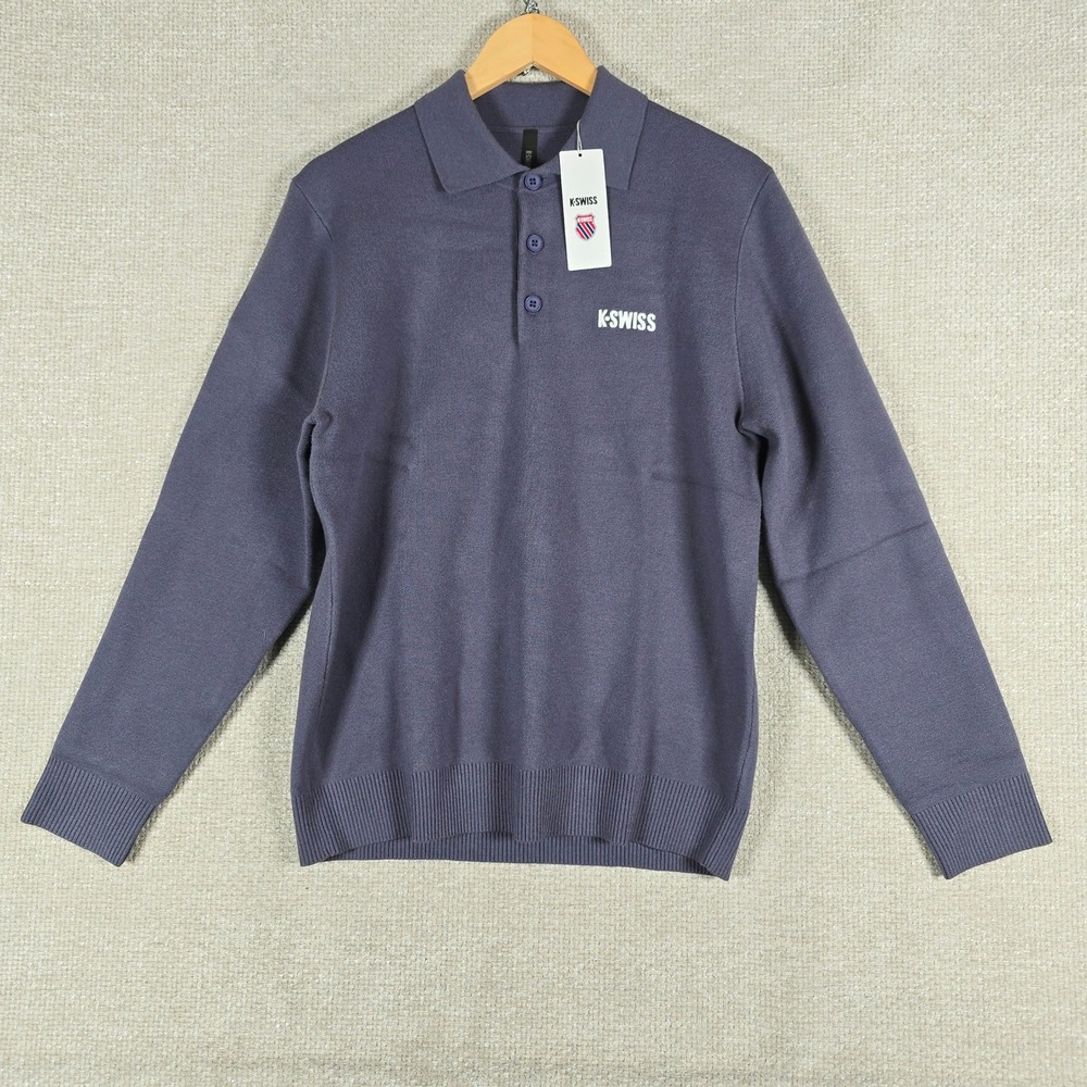 K-Swiss Mens Long Sleeve Polo Sweater Size‎ Small Purple Knit Big Logo NWT